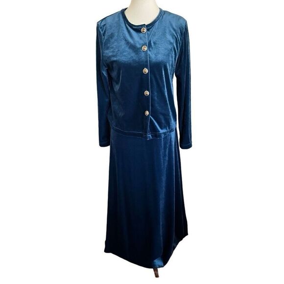 Diane Von Furstenberg Velvet Maxi Dress & Cardigan Set Teal Blue Small NWOT - Picture 1 of 7
